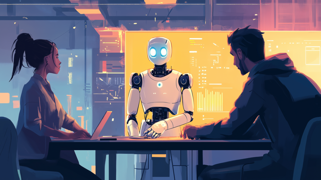 Prompt: designers brainstorming with an AI robot, cool illustration