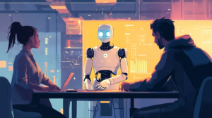 Prompt: designers brainstorming with an AI robot, cool illustration