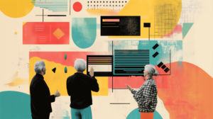 Prompt: A contemporary collage featuring diverse older adults interacting with oversized UI elements, bold typography, and playful shapes that represent easy-to-use tech, modern, abstract, colorful, editorial style