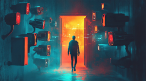 Prompt: A person walking away from a city filled with floating surveillance cameras and data-harvesting bots. The individual is stepping into a vibrant, safe space. Concept art, cinematic depth, highly detailed.