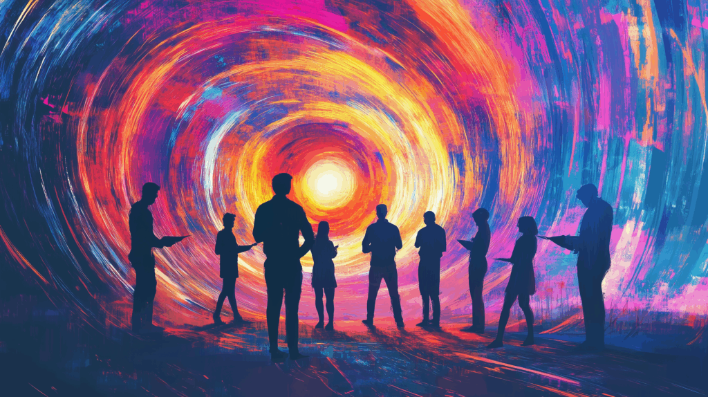 a dynamic swirl of bright lines racing around silhouettes of designers co-creating around a glowing orb in the middle, digital swirling lines showing rapid iteration, suggestive of collaboration and trust, high-energy brushstrokes, modern illustration style, vibrant color contrast