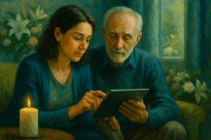 A softly lit, painterly scene of a younger woman and an older man sitting close together, gently focused on a tablet. A lit candle rests on the table beside them, and white lilies and soft blue tones suggest a quiet, reflective atmosphere—possibly planning or remembering a loved one.